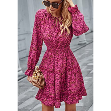 Angashion Women's Floral Print Dress Casual Long Sleeve V Neck Ruffle Layer Short Mini Women High Waist Dresses Pink Small