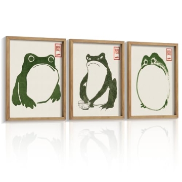 Houmury Set of 3 Framed Japanese Frog Wall Art Decor Vintage Wall Signs Cute Minimalist Decors