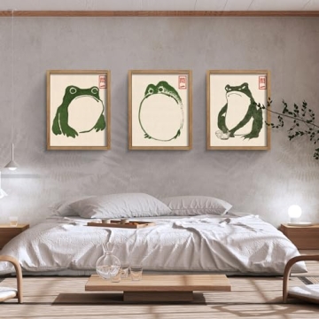 Houmury Set of 3 Framed Japanese Frog Wall Art Decor Vintage Wall Signs Cute Minimalist Decors
