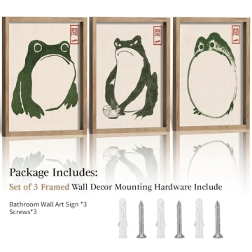 Houmury Set of 3 Framed Japanese Frog Wall Art Decor Vintage Wall Signs Cute Minimalist Decors