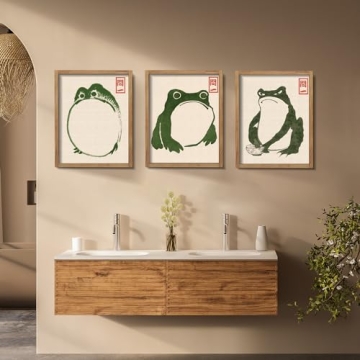 Houmury Set of 3 Framed Japanese Frog Wall Art Decor Vintage Wall Signs Cute Minimalist Decors