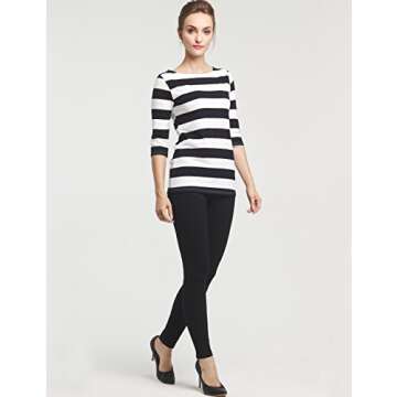 Camii Mia 3/4 Sleeve Shirts for Women, Striped Tee Shirts Cotton Stretchy Lightweight Slim Fit (Small, Black White)