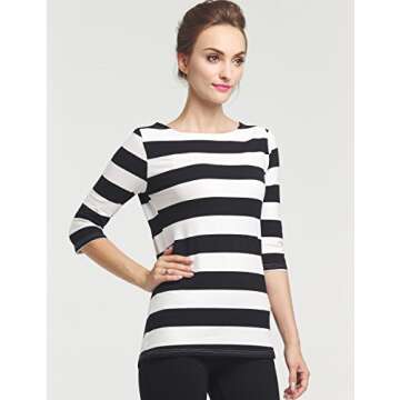 Camii Mia 3/4 Sleeve Shirts for Women, Striped Tee Shirts Cotton Stretchy Lightweight Slim Fit (Small, Black White)