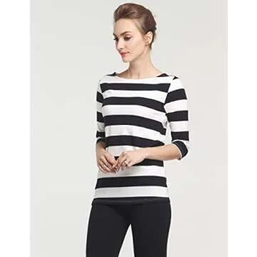 Camii Mia 3/4 Sleeve Shirts for Women, Striped Tee Shirts Cotton Stretchy Lightweight Slim Fit (Small, Black White)