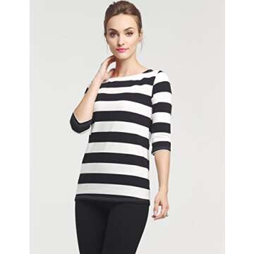 Camii Mia 3/4 Sleeve Shirts for Women, Striped Tee Shirts Cotton Stretchy Lightweight Slim Fit (Small, Black White)
