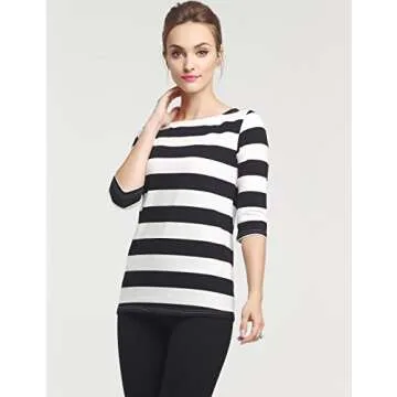 Camii Mia 3/4 Sleeve Shirts for Women, Striped Tee Shirts Cotton Stretchy Lightweight Slim Fit (Small, Black White)