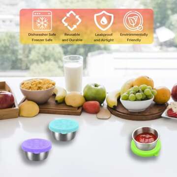 Pack of 6 Salad Dressing Container To Go: Small Condiment Containers with Lids, Reusable Stainless Steel Sauce Cups, Leakproof Silicone Lids for Bento Box, Picnic and Travel (Multi Color - 1.69oz)