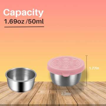 Pack of 6 Salad Dressing Container To Go: Small Condiment Containers with Lids, Reusable Stainless Steel Sauce Cups, Leakproof Silicone Lids for Bento Box, Picnic and Travel (Multi Color - 1.69oz)