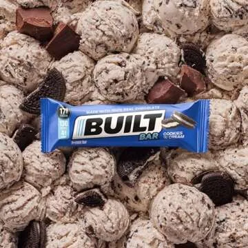 BUILT Protein Bars, Cookies 'N Cream, 12 Count, 1.73oz Bars, Gluten Free Protein Snacks with 17g of High Protein. Chocolate Protein Bar only 130 calories & 4g sugar, Great On The Go Protein Snack
