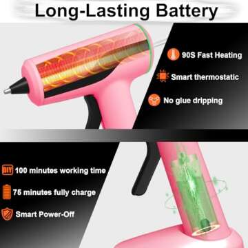 MONVICT Cordless Hot Glue Gun Kit, USB-C Rechargeable Mini Pink Glue Gun with 40 Pcs Premium Glue Sticks, 10 Pcs Craft sticks, Carrying Case, Smart Power-Off Hot Melt Glue Gun for DIY Craft Gift