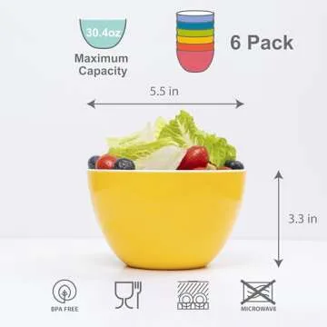 bzyoo Set of 6 Large Bowls, 5.5-Inch 30.4 OZ ColorPop Melamine Bowls, Unbreakable Pasta, Soup, Cereal, Salad Bowls, for Quick and Easy Meals, Side Dishes and Parties - Bright