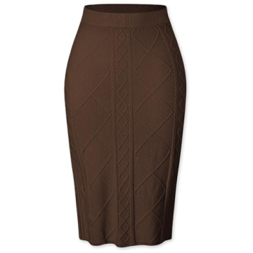 SANGTREE Women's High Waist Basic Plain Stretchy Cable Knit Bodycon Pencil Midi Skirt in Brown (Smal...