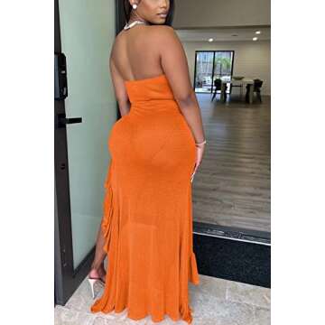 ENOPINK Women Off Shoulder Strapless Ruffle High Slit Bodycon Cocktail Party Dress Sheer Mesh Swimwear Cover Up Maxi Dress Orange XL