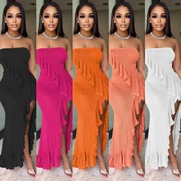 ENOPINK Women Off Shoulder Strapless Ruffle High Slit Bodycon Cocktail Party Dress Sheer Mesh Swimwear Cover Up Maxi Dress Orange XL