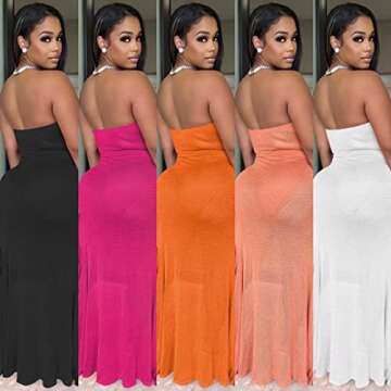 ENOPINK Women Off Shoulder Strapless Ruffle High Slit Bodycon Cocktail Party Dress Sheer Mesh Swimwear Cover Up Maxi Dress Orange XL