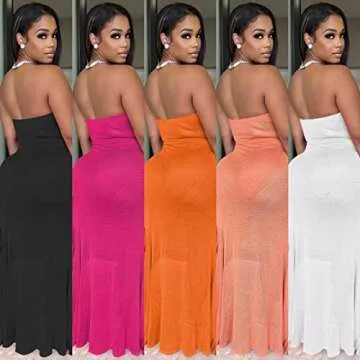 ENOPINK Women Off Shoulder Strapless Ruffle High Slit Bodycon Cocktail Party Dress Sheer Mesh Swimwear Cover Up Maxi Dress Orange XL