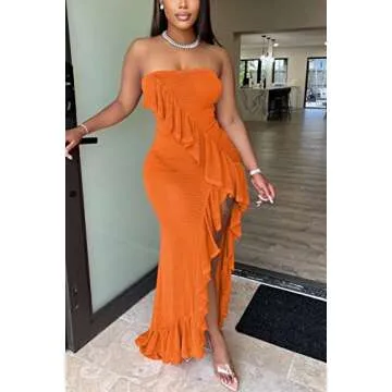 ENOPINK Women Off Shoulder Strapless Ruffle High Slit Bodycon Cocktail Party Dress Sheer Mesh Swimwear Cover Up Maxi Dress Orange XL