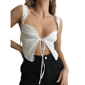 Women's Y2K Lace V Neck Camis Spaghetti Strap Crop Top with Lace Trim