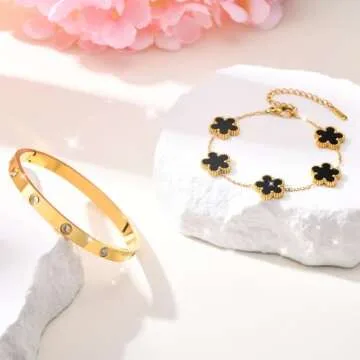 Womens Stackable Gold Bracelets Jewelry - 18K Gold Plated Floral Bracelet,Bangles Non Tarnish, Gold Cubic Zirconia Bracelet Set Trendy Gift,Christmas Valentines Birthday Gifts for Girlfriend