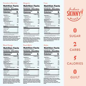 Jordan's Skinny Syrups Sugar Free Cocktail Syrup, Cocktail Mixers for Drinks, 3 Margarita Mix + Peach Bellini, Mojito and Frose Syrups for Cocktails and Mocktails, 25.4 Fl Oz, 6 Variety Party Pack