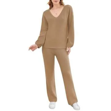 Stylish Women Ripbed V Neck Puff Sleeve Tracksuit Set