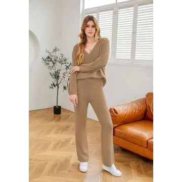 Stylish Women Ripbed V Neck Puff Sleeve Tracksuit Set