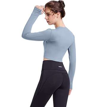 HIBETY 2 Pack Women's Crop Tops Long Sleeve Shirts Yoga Athletic Workout Shirts Cropped Sweatshirt with Thumb Hole(Black/Light Blue-M)