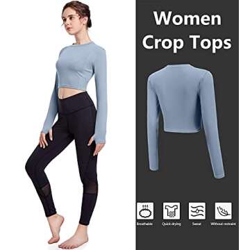 HIBETY 2 Pack Women's Crop Tops Long Sleeve Shirts Yoga Athletic Workout Shirts Cropped Sweatshirt with Thumb Hole(Black/Light Blue-M)