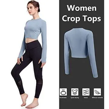 HIBETY 2 Pack Women's Crop Tops Long Sleeve Shirts Yoga Athletic Workout Shirts Cropped Sweatshirt with Thumb Hole(Black/Light Blue-M)