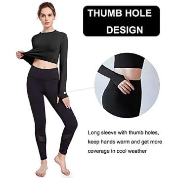 HIBETY 2 Pack Women's Crop Tops Long Sleeve Shirts Yoga Athletic Workout Shirts Cropped Sweatshirt with Thumb Hole(Black/Light Blue-M)