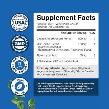 Reduced Glutathione Supplement with Milk Thistle - 500mg Per Serving Plus Alpha Lipoic Acid and Sily...