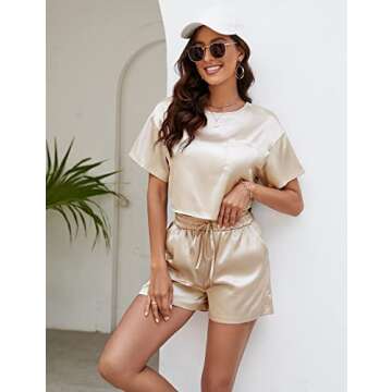 COZYPOIN Womens Silk Satin Pajamas Set Short Sleeve Top and Shorts 2023 Pjs Silky Sleepwear Summer Nightwear(Champagne-M)
