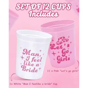 Nefelibata Bachelorette Party Cups - 12 Pack Let's Go Girls Reusable Cups Plastic Cowgirl Bridal Shower 70s Theme Retro Bachelorette Party Supplies Favors Decorations