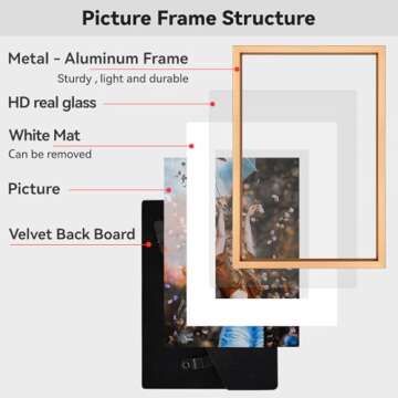 BKABOT 8.5x11 Picture Frame Set of 3, Gold Metal Photo Frames with HD Glass, Fits 5x7 with Mat or 8.5x11 without Mat, Wall Hanging and Table Display
