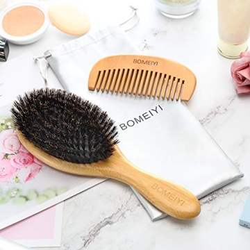 BOMEIYI 100% Boar Bristle Hair Brush Set (Medium). Soft Natural Bristles for Thin and Fine Hair. Restore Shine And Texture. Wooden Comb and Travel Bag Included.