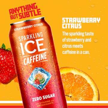 Sparkling Ice Caffeine Strawberry Citrus Sparkling Water, Zero Sugar with Antioxidants, Pack of 12