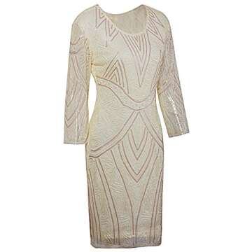 Vijiv Women 1920s Gatsby Beaded Sequin 3/4 Sleeve Art Deco Dress in Beige Pink Small