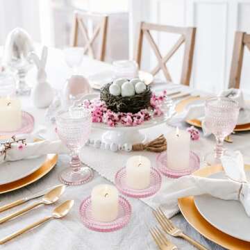 CHOCSTAY Glass Pillar Candle Holder, 4" Pink Candle Plates Set of 6, Glass Candle Holders for Wedding, Party, Holiday, Home Decor, Table Centerpiece