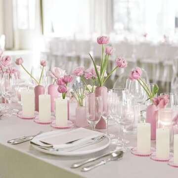 CHOCSTAY Glass Pillar Candle Holder, 4" Pink Candle Plates Set of 6, Glass Candle Holders for Wedding, Party, Holiday, Home Decor, Table Centerpiece