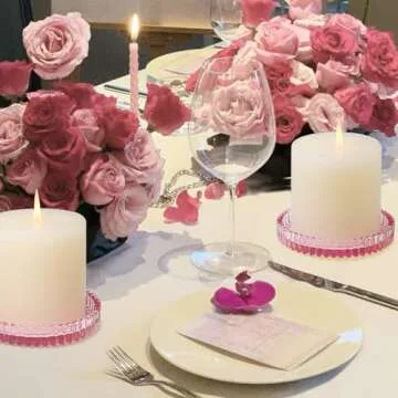 CHOCSTAY Glass Pillar Candle Holder, 4" Pink Candle Plates Set of 6, Glass Candle Holders for Wedding, Party, Holiday, Home Decor, Table Centerpiece