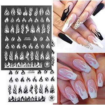 Mairs Flame Nail Art Sticker, 3D Fire Flame Self adhesive Nail Decals Nail Art Decoration White Black Silver Gold Flame Nail Sticker for Nail Charms Design 4 Sheets, Gold,white,flame,silver