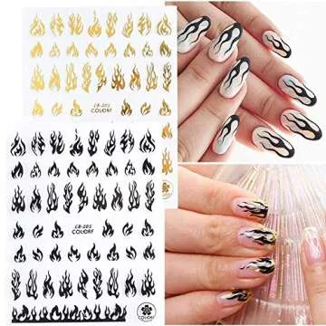 Mairs Flame Nail Art Sticker, 3D Fire Flame Self adhesive Nail Decals Nail Art Decoration White Black Silver Gold Flame Nail Sticker for Nail Charms Design 4 Sheets, Gold,white,flame,silver