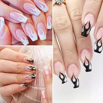 Mairs Flame Nail Art Sticker, 3D Fire Flame Self adhesive Nail Decals Nail Art Decoration White Black Silver Gold Flame Nail Sticker for Nail Charms Design 4 Sheets, Gold,white,flame,silver