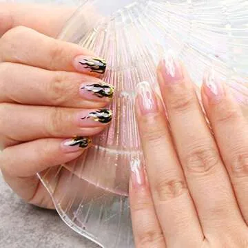 Mairs Flame Nail Art Sticker, 3D Fire Flame Self adhesive Nail Decals Nail Art Decoration White Black Silver Gold Flame Nail Sticker for Nail Charms Design 4 Sheets, Gold,white,flame,silver