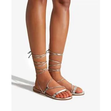 PARTY Women's Strappy Sandals Lace Up Flats Tie Up Open Toe Ankle Strap Shoes, Silver, 9