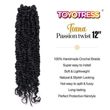 TOYOTRESS Tiana Passion Twist Hair - 12 inch 8 Pcs Pre-twisted Crochet Braids Natural Black, Synthet...