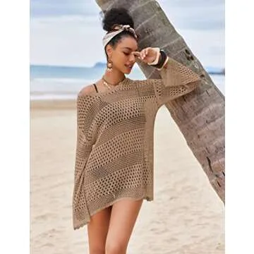AOLRO Women's Swimwear Cover Ups Hollow Out Sexy Beach Cover Up Knitted Soft Bathing Suit Coverups Coffee Medium