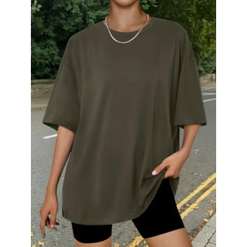 Trendy Queen Womens Oversized Summer T Shirts Fashion Workout Plus Size Tops Short Sleeve Beach Vacation Gym Clothes 2025 ArmyGreen 3XS