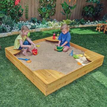 KidKraft Wooden Backyard Sandbox with Built-in Corner Seating and Mesh Cover, Kid's Outdoor Furniture, Honey, Gift for Ages 2-8