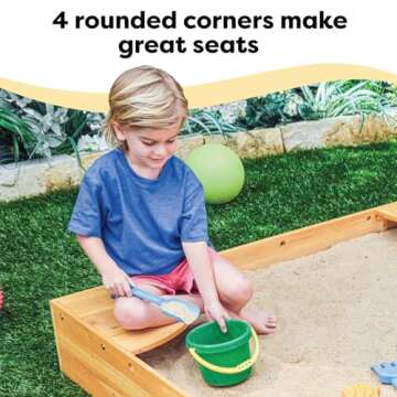 KidKraft Wooden Backyard Sandbox with Built-in Corner Seating and Mesh Cover, Kid's Outdoor Furniture, Honey, Gift for Ages 2-8